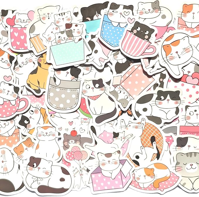 100 Pcs Cute Cat Stickers, Aesthetic Cat Waterproof Vinyl Stickers for Water Bottle Kids Adults Girls Women Kitten Stickers