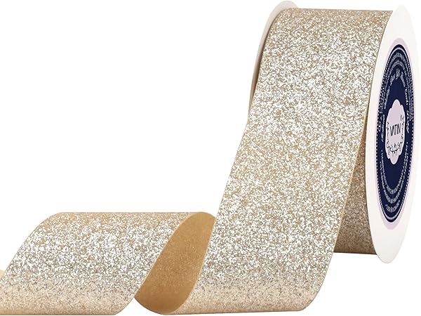 VATIN Champagne Continues Glitter Ribbon - 1-12 Inch x 25 Yards for Gift Wrapping, Crafts, Christmas Tree, Ornaments, and Home Decor - Champagne Cut Edge Christmas Ribbon