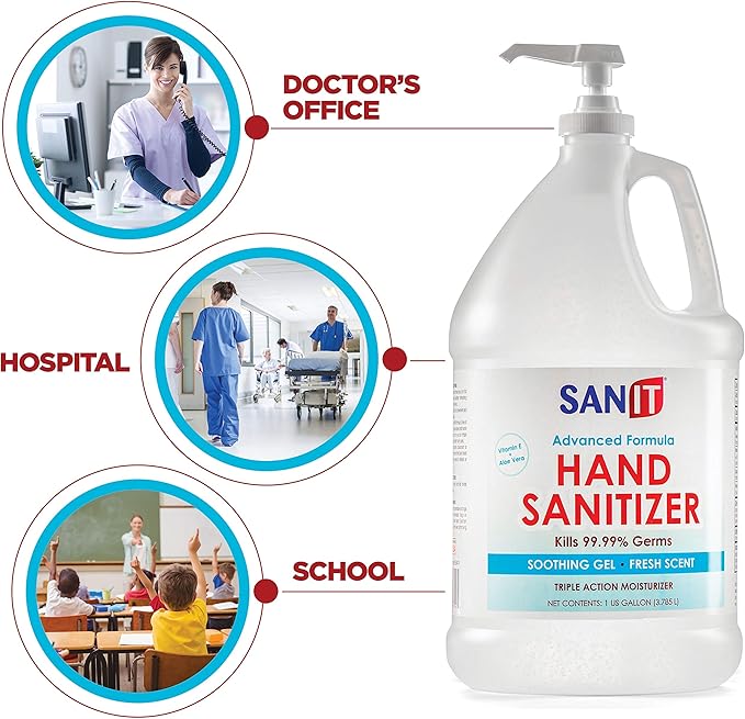 Sanit Moisturizing Hand Sanitizer Gel 70 Ethyl Alcohol - Kills 99.99 Germs, Advanced Formula with Vitamin E and Aloe Vera - Soothing Gel, Fresh Scent, Made in USA - 1 Gallon with Easy to Use Pump