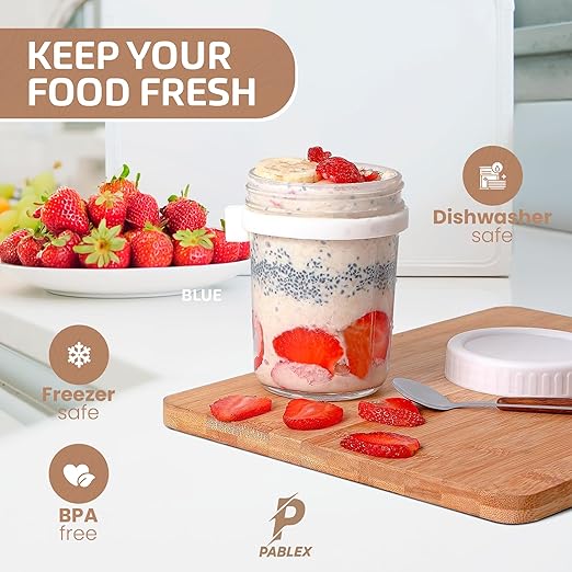 PABLEX - Overnight Oats Cups with Lid - Spoon, 16oz Glass, Reusable Anti Spill, Free Toxic - Overnight Oats Containers with Lids, Oatmeal Containers with Lids, Oats Overnight Container (White)