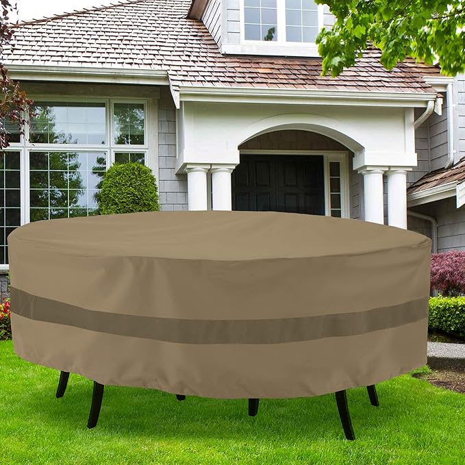 SunPatio Patio Round Table and Chairs Cover, Heavy Duty Waterproof Patio Furniture Set Cover for Outdoor Dining Set, Veranda Patio Furniture Cover for All Weather Protection, 84"Dia x 30"H, Taupe