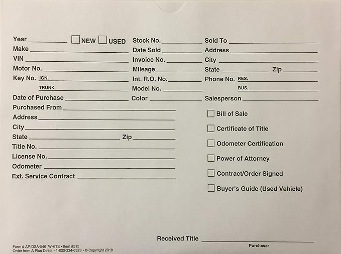 Vehicle Deal Jacket - Car Sales Envelope - White (P6) (100)