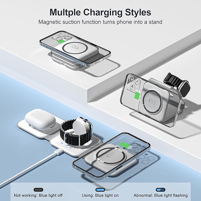 UCOMX 3 in 1 Charging Station for Multple Devices,Foldable 3 in 1 Wireless Charger for Travel,Nano Wireless Charging Station for iPhone16 15 14 13 12 Pro MaxWatch 10 9 8 7 6 5 4 3 UltraAirPod Pro