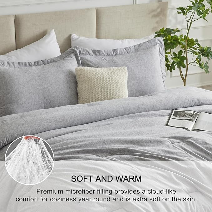 CozyLux Queen Comforter Set - 3 Pieces Light Grey Soft Luxury Cationic Dyeing Queen Comforter for All Season, Light Gray Breathable Lightweight Fluffy Bedding Sets with 1 Comforter and 2 Pillow Shams