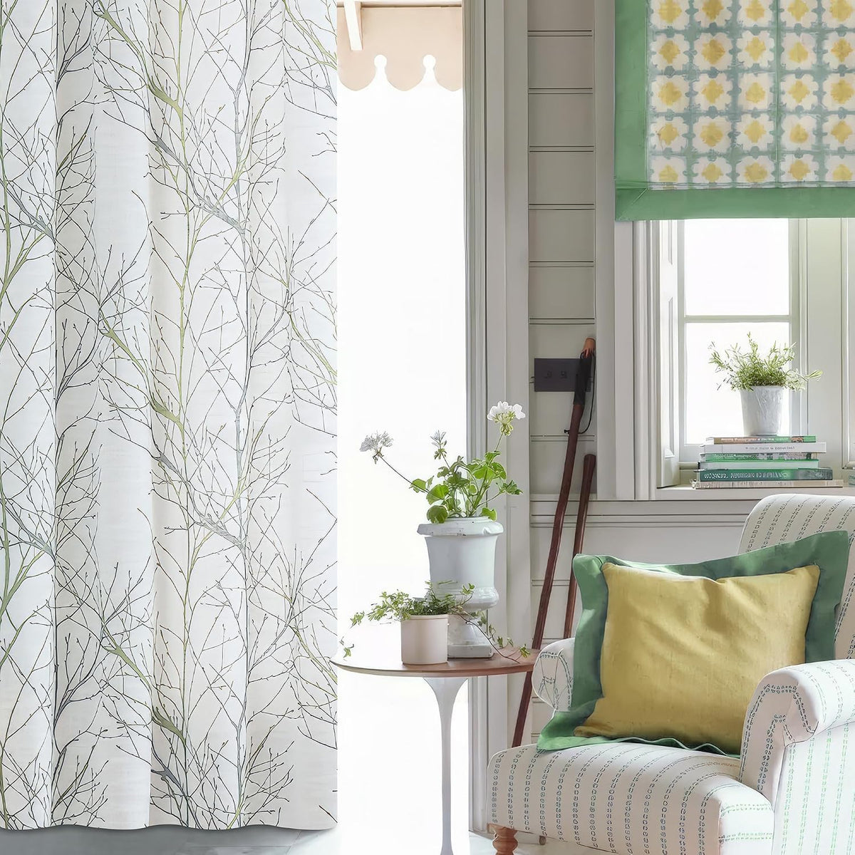 FMFUNCTEX Linen Semi Sheer Curtains for Bedroom, Sage Green White Curtains 84 Inches Long for Living Room, Grey Tree Branch Print Curtain Light Filtering Farmhouse Window Drapes, Grommet Top 2 Panels