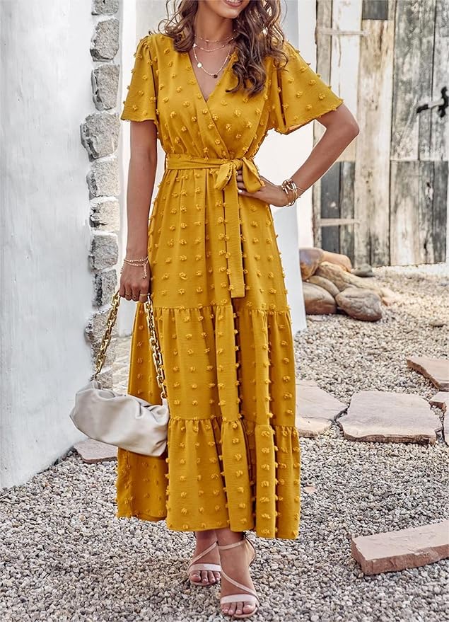 MASCOMODA Womens Summer Swiss Dot Maxi Dressses Wrap V Neck Flutter Short Sleeve Boho Casual Flowy Long Wedding Guest Dress