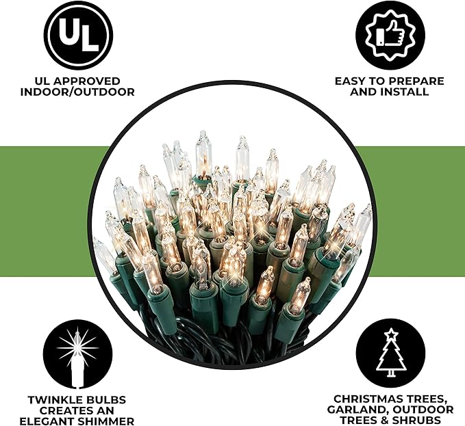 612 Vermont 100 Clear Christmas Lights, 12 Lights Twinkle, Indoor and Outdoor Use, Connect up to 4 Sets, Lighted Length 20.6', Total Length 21.8'