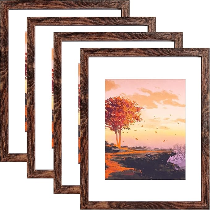 SESEAT 11x14 Picture Frame Pack of 4,Display Pictures 8x10 with Mat or 11x14 Without Mat,Wall Mounting Photo Frame, Rustic Brown