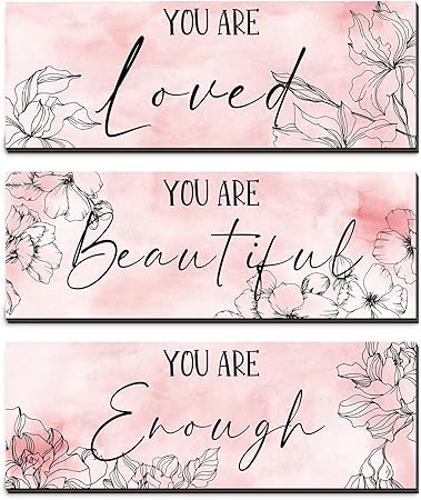 Yookeer 3 Pcs Floral Wooden Hanging Wall Art Inspirational Quotes You Are Beautiful Room Picture Decor Thank you Birthday Women Gift Teacher Assistant(4 x 11 Inch,Pink)