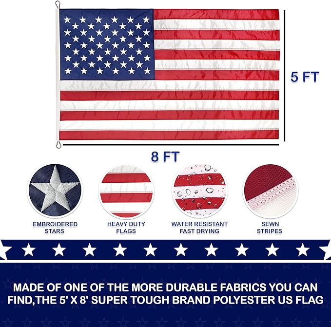Super Tough 5ft x 8ft Knitted Polyester American Flag - USA-Made Heavy-Duty Wind-Resistant with Embroidered Stars and Sewn Stripes - Outdoor and Indoor Use - Durable Canvas Header & Grommets