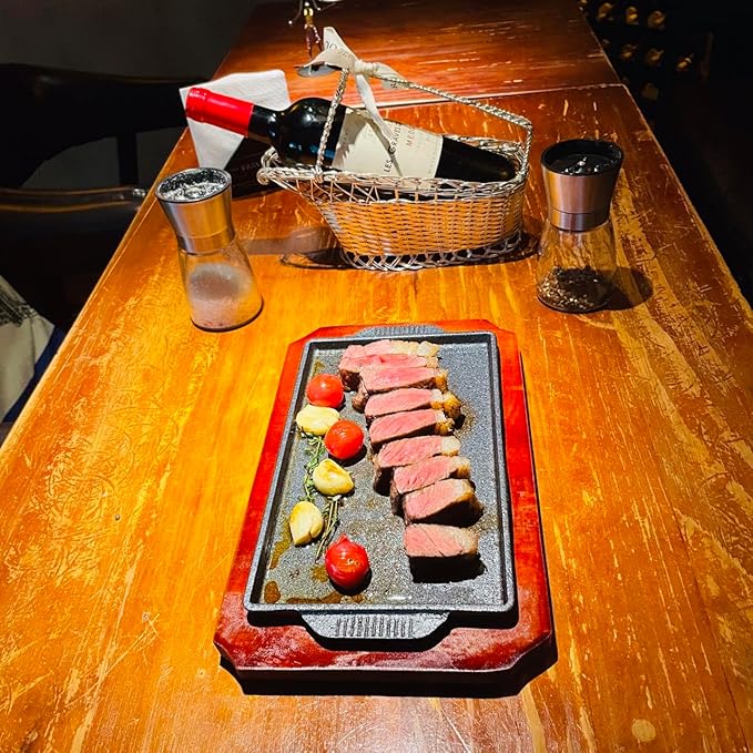 Cast Iron Steak Plate, Grill Pans, Sizzle Griddle with Wooden Base, Steak Pan, Griddle Grill Pan with handles (Plate 9.9" x 6")