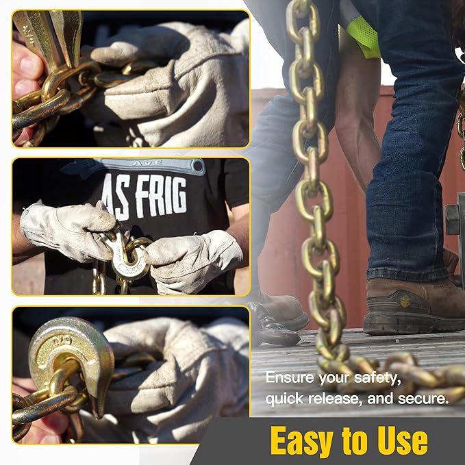 5/16" Clevis Grab Hooks (4 Pack) Heavy Duty Chain Hook for 5/16 Inch Grade 70 Chain Forged Alloy Steel- for Trailer Truck Transport - Yellow Chromate Finish - 5,400 lbs