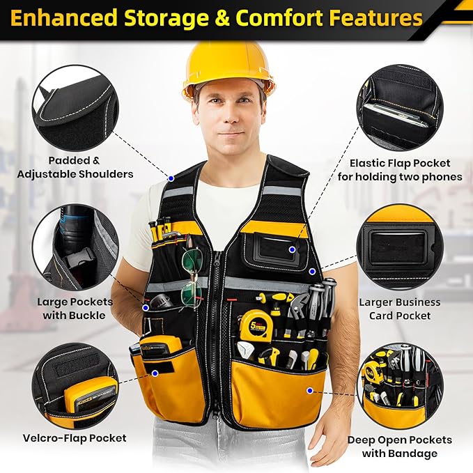 Tool Vest Electrician, Tool Vest for Men, Construction Tool Vest, 22 Pockets, Reflective Work Tool Vest for Men, Tool Vest for Carpenters, Adjustable Tool Vest, Tool Vest for Handyman
