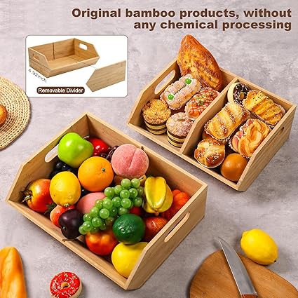 2 Set Bamboo Storage Bins, Pantry Organizers and Storage, Kitchen Countertop Organization and Storage Basket for Produce, Onions, Potatoes, Garlic, Fruits, Vegetable and Bread