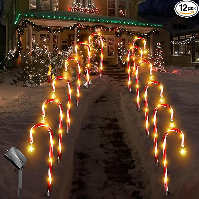 12 Pack Christmas Candy Cane Lights, Solar Christmas Candy Cane Decorations Waterproof Pathway Markers Lights with Star for Outdoor Christmas Decorations Gifts Yard Driveway Lawn Garden Xmas Tree