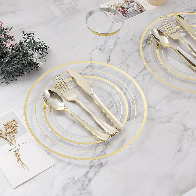 100PCS Clear Plastic Plate, 7 Inch Disposable Dessert Plate Party with Gold Rim, Heavy Duty Disposable Plastic Plates for Party, Wedding and Birthday