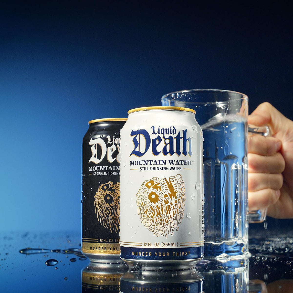 Liquid Death Still Mountain Water, Real Mountain Source, Ice-Cold Cans, Infinitely Recyclable, 12 Fl Oz (Pack of 12) (Box has damage)