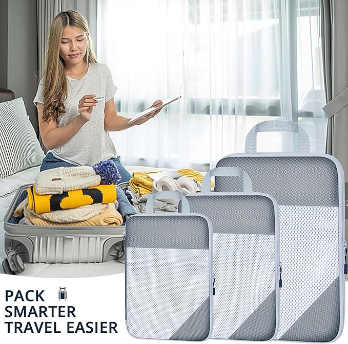 3 Set Compression Packing Cubes for Travel, Lightweight Packing Travel Organizer Zipper Cubes Set,Durable Travel Essentials Accessories Expandable Storage Travel Luggage Bags Organizers Set