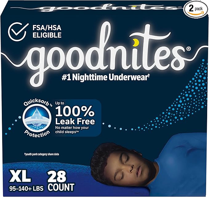 Goodnites Boys' Bedwetting Underwear, Size Extra Large (95-140 lbs), 28 Ct (2 Packs of 14), Packaging May Vary