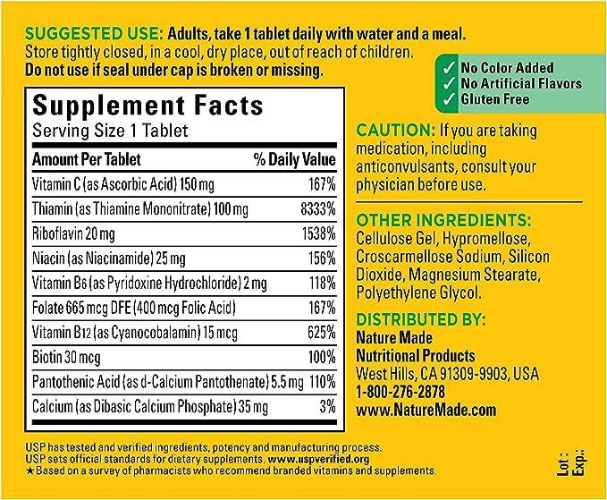 Nature Made Super B Complex with Vitamin C and Folic Acid, Dietary Supplement for Immune Support, 140 Tablets, 140 Day Supply