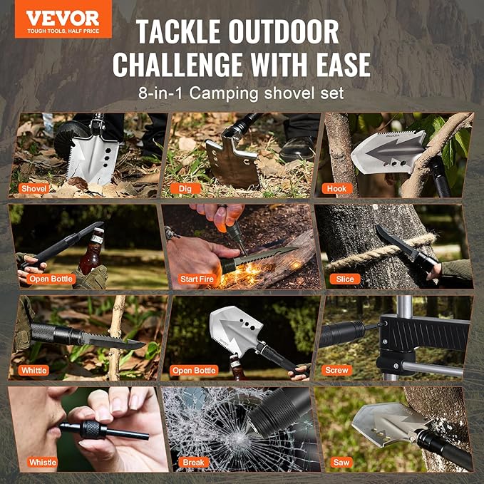 VEVOR Survival Shovel - 8 in 1 Camping Shovel Folding Multitool, Military Grade Portable Compact Tactical Shovel, Multifunction for Off-Roading, Camping, Hiking, Outdoor, Survivalist and Emergency