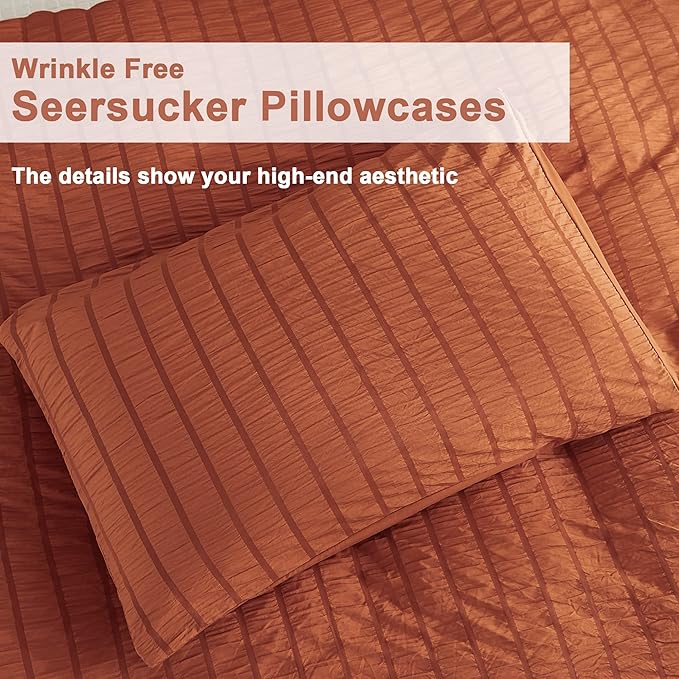 AveLom Terracotta Seersucker Duvet Cover Set King Size (104 x 90 inches), 3 Pieces (1 Duvet Cover 2 Pillow Cases), Ultra Soft Washed Microfiber, Textured Duvet Cover with Zipper Closure, Corner Ties