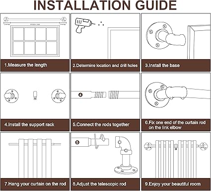 Industrial Curtain Rods for Windows 48 to 84, 2 Pack 1 Inch Heavy Duty Curtain Rods, IndoorOutdoor Curtain Rod 48-84 inch, Wrap Around Blackout Curtain Rod, Rustic Black Drapery Rods