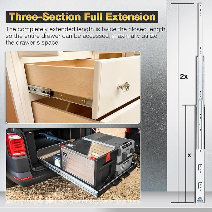 YENUO Heavy Duty Drawer Slides Full Extension Side Mount 12 14 16 18 20 22 24 26 28 30 32 34 36 40 Inch Metal Rails Track Guide Glides Runners 150 Lbs 1 Pair (Without Lock, 20 inch)