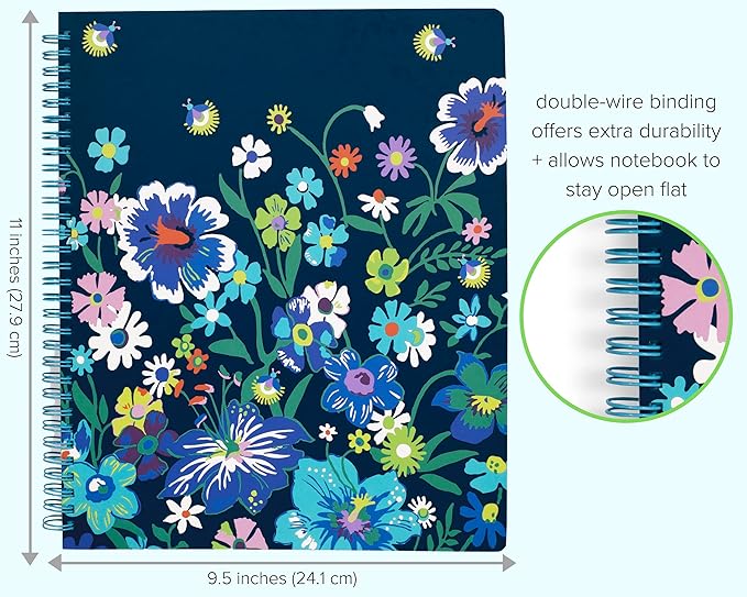 Vera Bradley Blue Floral Large Spiral Notebook with Pocket and 160 Lined Pages, Moonlight Garden