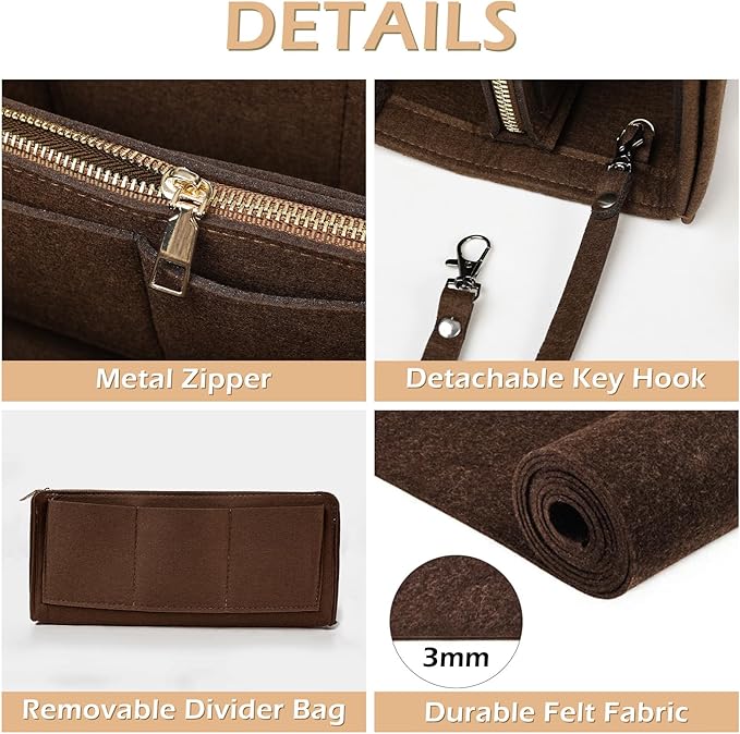 Surblue Purse Organizer Insert for Handbags, Felt Bag Organizer, Tote Bag Organizer, Tote Shaper Insert With Zippers, Thicken and Portable Handbag in Bag for Speedy Neverfull PM MM, (Brown, S)