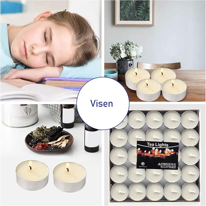 Visen 50Pack Tealight Candles, White, Unscented, Smokeless, Dripless & 6Hours Burn Time Long Burning Paraffin Tea Lights Candles for Home, Romantic Decor, Pool, Shabbat, Weddings & Emergencies
