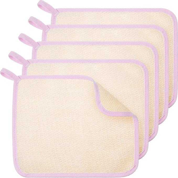 Tatuo 5 Pcs Exfoliating Face and Body Wash Cloths Towel Weave Bath Cloth Exfoliating Scrub Cloth Massage Bath Cloth for Women and Men, 10.63 x 9.05 Inch (Pink Edge)
