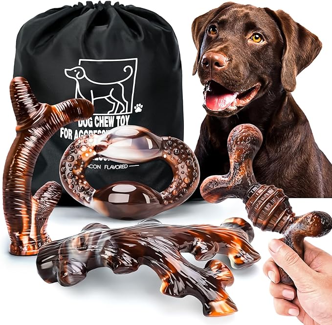 Pack of 4 dog chew toys for aggressive chewers, sturdy and indestructible bacon flavored dog toys, durable nylon bone toy for breeds