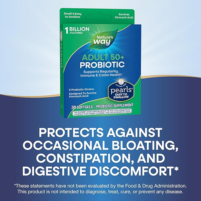 Nature's Way Adults 50 Probiotic Pearls, Supports Regularity, Immune and Colon Health, 1 Billion Cultures, No Refrigeration Required, 30 Softgels (Packaging May Vary)