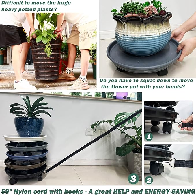 Pack of 5 extra-large plant baskets with wheels, 15-inch rolling stands, sturdy plastic roller base, brown color