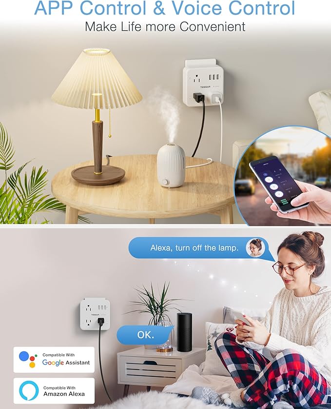Smart Plug Outlet Extender Compatible with Alexa Google Home, TESSAN WiFi Multi Plug with 3 Smart Outlets 3 USB Ports, Wall Surge Protector Power Strip 900J for Indoor, Voice and Smartlife Control