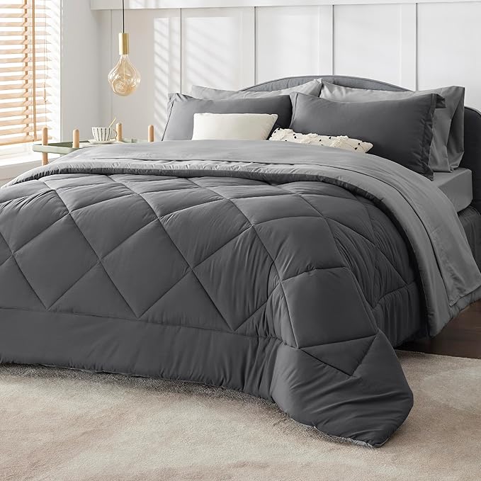 Bedsure Queen Comforter Set - 7 Pieces Reversible Dark Grey Bedding, Queen Size Bed Set for All Seasons, Bed in a Bag with Down Alternative Comforter, Sheets, Pillowcases Shams
