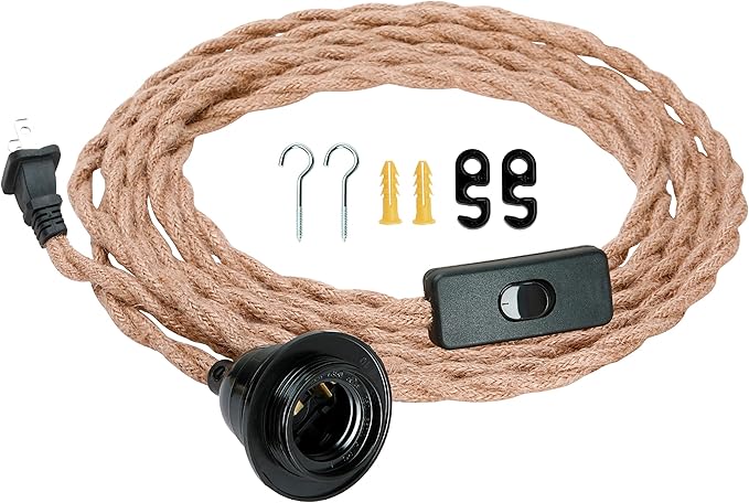 Simple Deluxe 15FT Pendant Light Cord, Suitable E26 Socket with Switch, Twisted Hemp Rope Plug in Hanging Light Kit, for Industrial Retro DIY Decoration