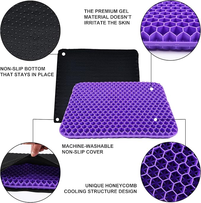 Yimiyaa Gel Seat Cushion, Double Thick Egg Gel Cushion for Pressure Pain Relief, Breathable Wheelchair Cushion Chair Pads for Car Seat Office Chair Purple and Black