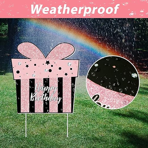 Sweet 16 Birthday Decorations - 7 Pcs Black & Pink Sweet 16 Yard Signs with Stakes, 2 Pcs LED Lights, Sparkling at Night, Weatherproof, Perfect Outdoor Lawn Decorations