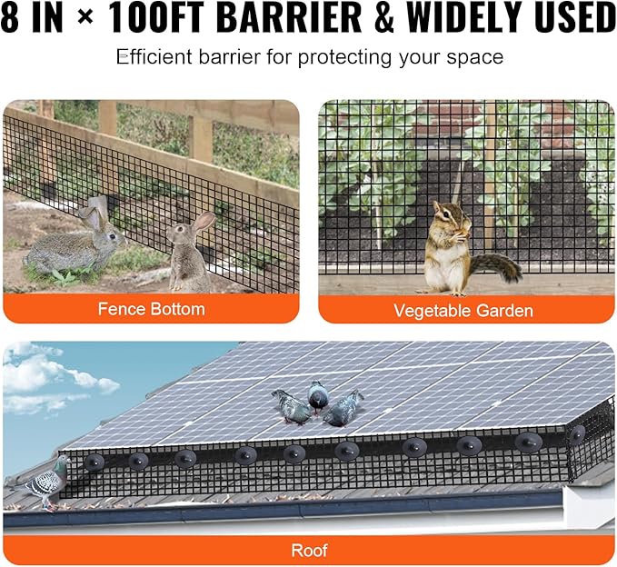 VEVOR 8in x 98ft Solar Panel Bird Guard, PVC Coated Wire Mesh Roll Kit with 100pcs Fasteners,Critter Fence,Pigeon Proofing, Black