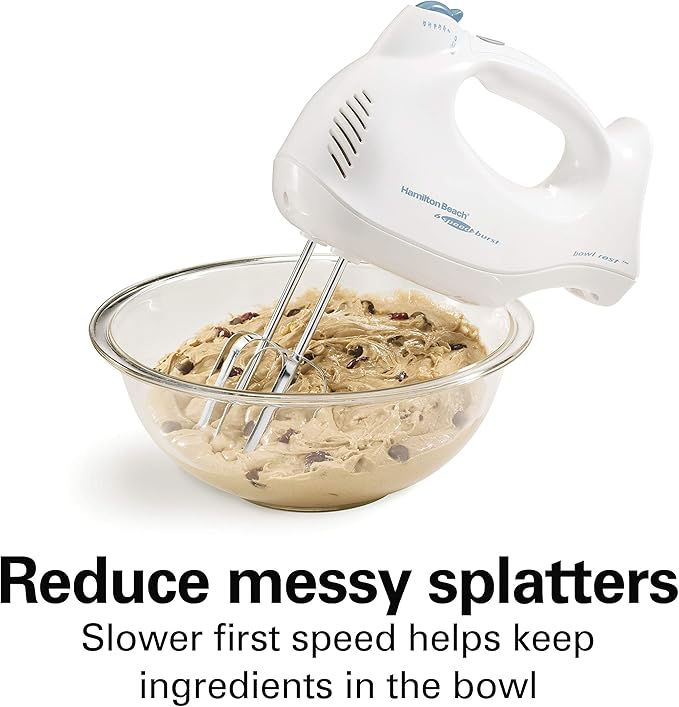 Hamilton Beach Power Deluxe 6-Speed Electric Hand Mixer with Snap-On Storage Case, QuickBurst, Beaters, Whisk, Powerful 250 Watt Motor, Bowl Rest, White (62695V)