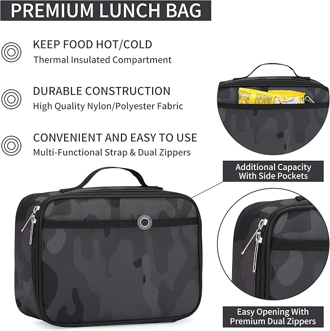 rickyh style Lunch Box with Padded Liner, Spacious Insulated Lunch Bag Durable Thermal Lunch Cooler Pack with Strap for Men Women Boys Girls Adults School Sports Beach Picnic Work Camp,2 Pocket