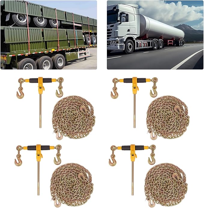 Chain Load Binder, 516" -38" and 516"20ft Tie Down Kit w 3300LBS Working Load Capacity and Two Grab Hooks, Includes (4) Binders and (4) Chains, Transport Load Package for Hauling