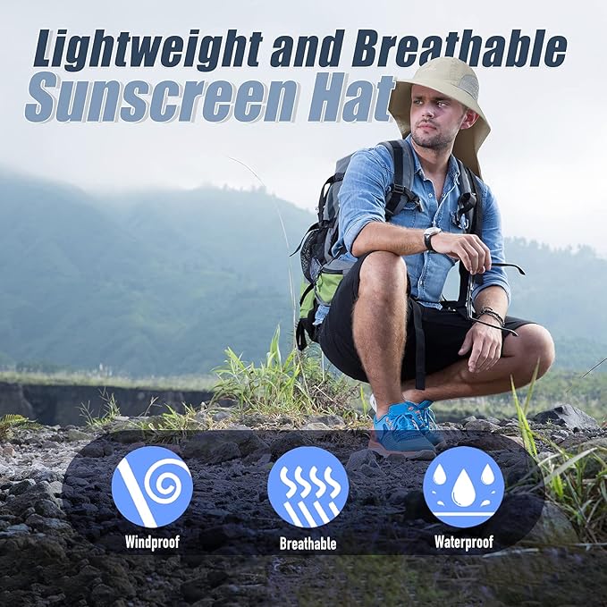 Outdoor Sun Hat for Men with 50+ UPF Protection Safari Cap Wide Brim Fishing Hat with Neck Flap, for Dad