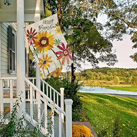 Summer Flowers House Flags for Outdoor, Hello Sunshine Sunflower Daisy Yard Flags for Outside,Seasonal Decorative Flag for Farmhouse Holiday Decoration 28x40 Inch Double Sided