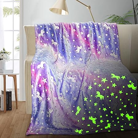 Unicorn Glow in The Dark Blanket for GirlsKids Age 3-12, Soft Fleece Throw - 40"x60"