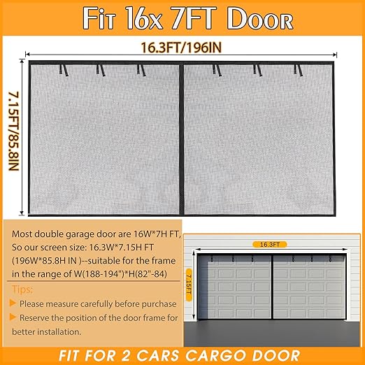Garage Screen Doors for 2 Car Garage-16x7FT Fiberglass 2300g/5.1lb Durable Heavy Duty Magnetic Garage Door Screen Hands Free with 6 Roll Up Starps for Patio, Outdoor, Gym, Crafts Sun House Porch