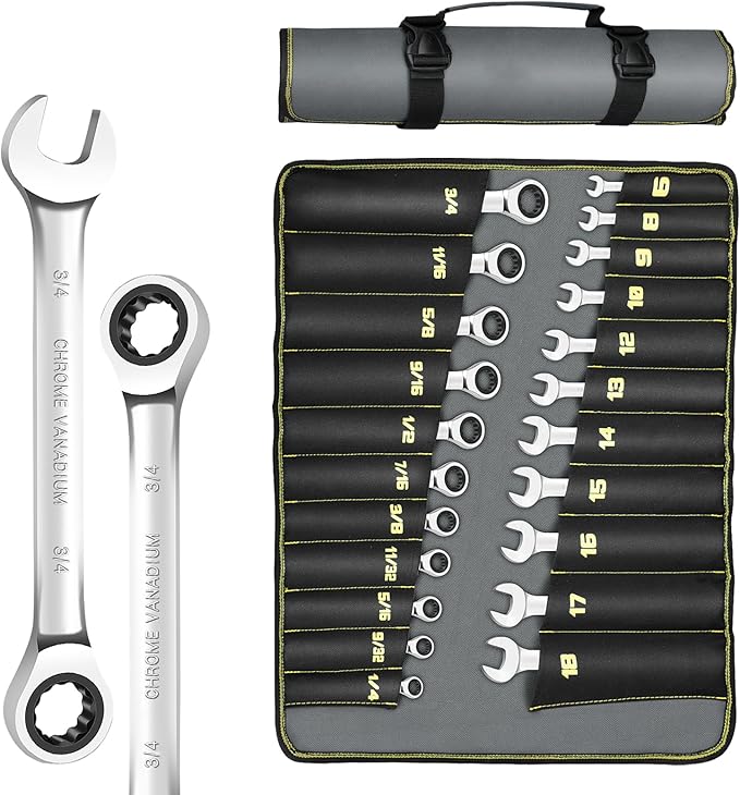 Ratcheting Wrench Set, 22-Piece 72 Teeth Ratchet Wrench Chrome Vanadium Steel with Roll Up Pouch
