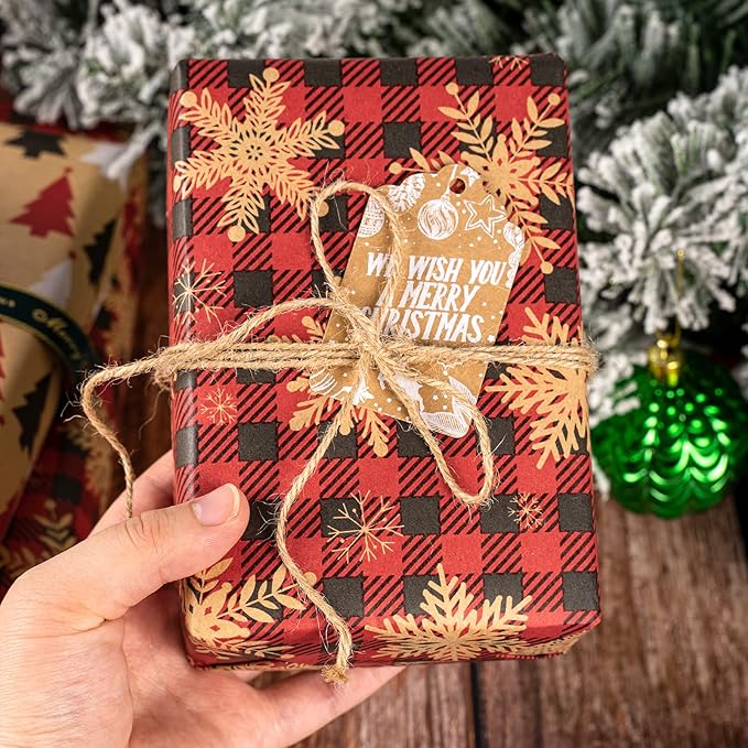 MAYPLUSS Kraft Christmas Wrapping Paper Roll - Mini Roll - 17 inch X 120 inch Per roll - 3 Different Red Reindeer Snowflakes Design (42.3 sq.ft.ttl)